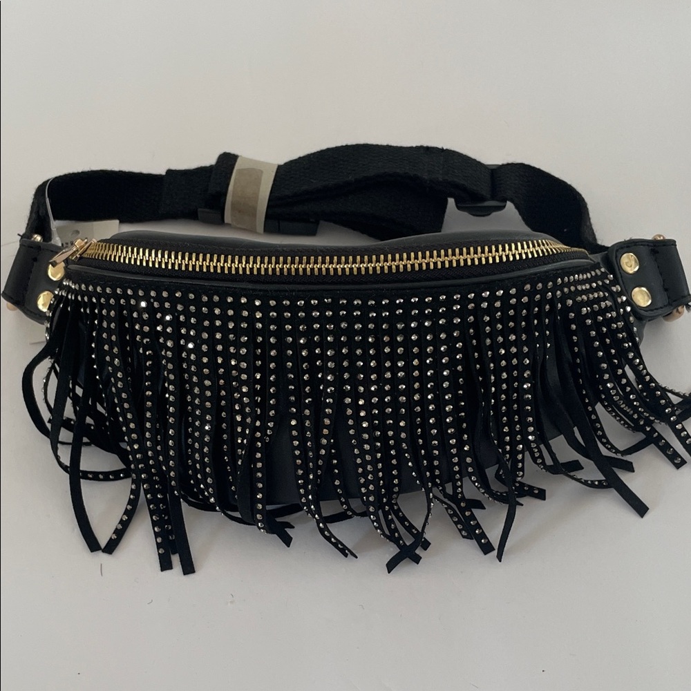 Black Fringe Studded Belt Bag